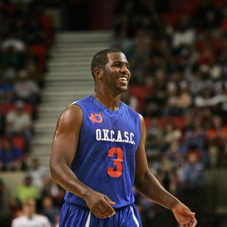 Chris Paul of Team Blue walks down court during the US Fleet Tracking Basketball Invitational charity basketball game October 23, 2011.