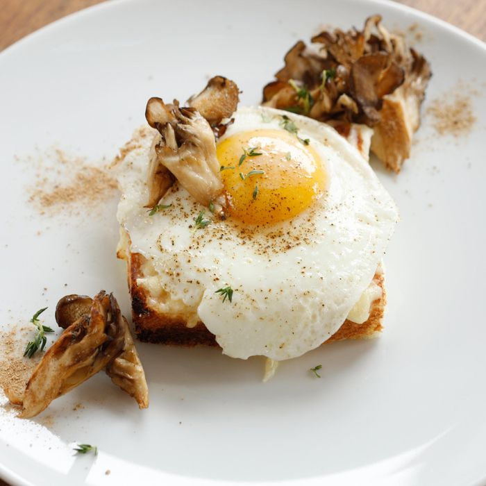 Maitake toast, béchamel sauce, thyme, Emmental cheese, sunny-side-up egg.