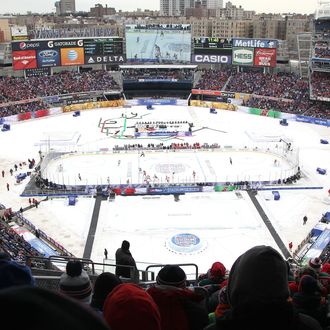 NEW YORK, NY - JANUARY 26: (EDITORIAL USE ONLY) A general view of action from the upper seats in the first period during the 2014 Coors Light NHL Stadium Series at Yankee Stadium on January 26, 2014 in the Bronx borough of New York City. (Photo by Len Redkoles/NHLI via Getty Images)