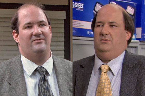 While
          Kevin's wardrobe hasn't changed much over the years — he stuck pretty closely
          to the model of Whatever's On Sale At Men's Wearhouse — we'd like to high-five
          him for losing that random tuft of hair that use to sprout from the top of his
          bald head like a tumbleweed. Good call, buddy. Having that thing flapping
          around must've made it really tough to focus on drinking from the M&M jar.