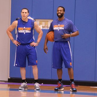 GREENBURGH, NY - DECEMBER 19: Mike Bibby #20 and Baron Davis #85 of the New York Knicks during practice on December 19, 2011 at the Madison Square Garden Training Facility in Greenburgh, New York. NOTE TO USER: User expressly acknowledges and agrees that, by downloading and or using this photograph, User is consenting to the terms and conditions of the Getty Images License Agreement. Mandatory Copyright Notice: Copyright 2011 NBAE (Photo by Nathaniel S. Butler/NBAE via Getty Images)