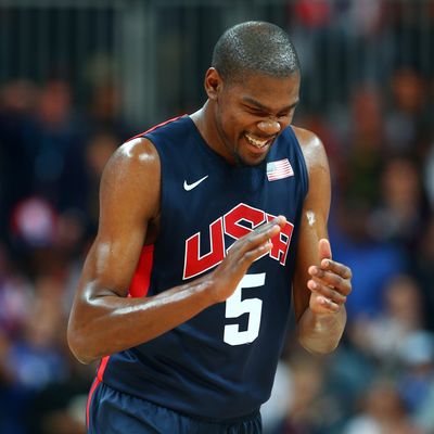 Kevin Durant #5 of United States reacts after a play against Argentina during the Men's Basketball Preliminary Round match on Day 10 of the London 2012 Olympic Games at the Basketball Arena on August 6, 2012 in London, England. 