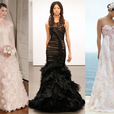 A blush gown by Romona Keveza, a black gown by Vera Wang, and a printed gown from David's Bridal.