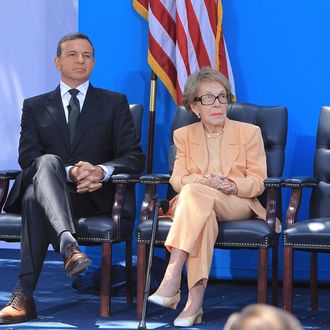 SIMI VALLEY, CA - JULY 05: Chairman and CEO of The Walt Disney Company Robert A. Iger (L) and Nancy Reagan at The Grand Opening Of D23's Treasures Of The Walt Disney Archives At The Ronald Reagan Presidential Library & Museum held at The Ronald Reagan Presidential Library on July 5, 2012 in Simi Valley, California. (Photo by Alexandra Wyman/Getty Images)