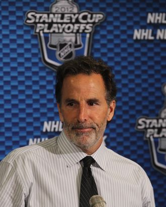 Head coach John Tortorella of the New York Rangers speaks to the media after the Rangers defeated the Ottawa Senators 2 to 1 in Game Seven of the Eastern Conference Quarterfinals during the 2012 NHL Stanley Cup Playoffs at Madison Square Garden on April 26, 2012 in New York City.