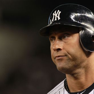 Derek Jeter #2 of the New York Yankees looks on against the Detroit Tigers during Game Five of the American League Championship Series at Yankee Stadium on October 6, 2011 in the Bronx borough of New York City. The Tigers won 3-2. 