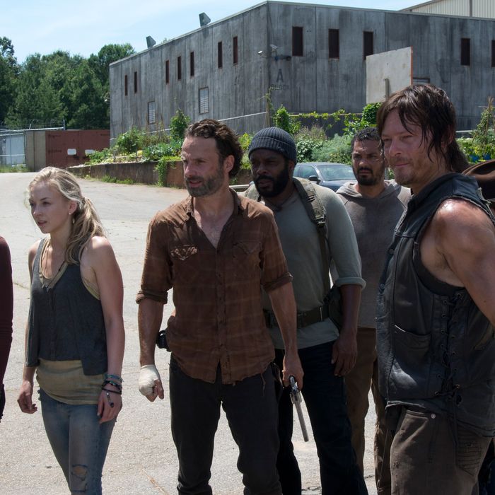 Maggie Greene (Lauren Cohan), Beth Greene (Emily Kinney), Rick Grimes (Andrew Lincoln), Tyreese (Chad Coleman), Daryl Dixon (Norman Reedus) and Carl Grimes (Chandler Riggs) - The Walking Dead _ Season 4, Episode 8 - Photo Credit: Gene Page/AMC