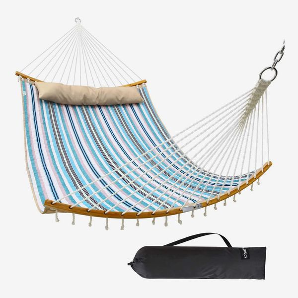 Ohuhu Double Hammock Quilted Fabric Swing with Strong Curved-Bar Bamboo & Detachable Pillow