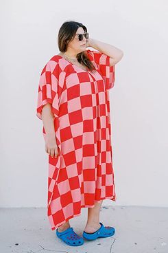 The Drop x Katie Sturino Checkboard Print V-Neck Kaftan Maxi Dress