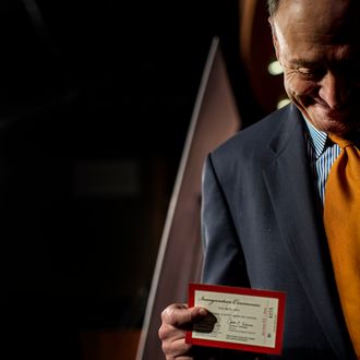 WASHINGTON, DC - January 14: Senator Charles Schumer (D-NY), Chairman of the Joint Congressional Committee on Inaugural Ceremonies, announces Inaugural improvements and holds the unveiled 2013 inauguration ticket in his hand during a press conference on Capitol Hill Monday, January 14, 2013. (Photo by Melina Mara/The Washington Post)