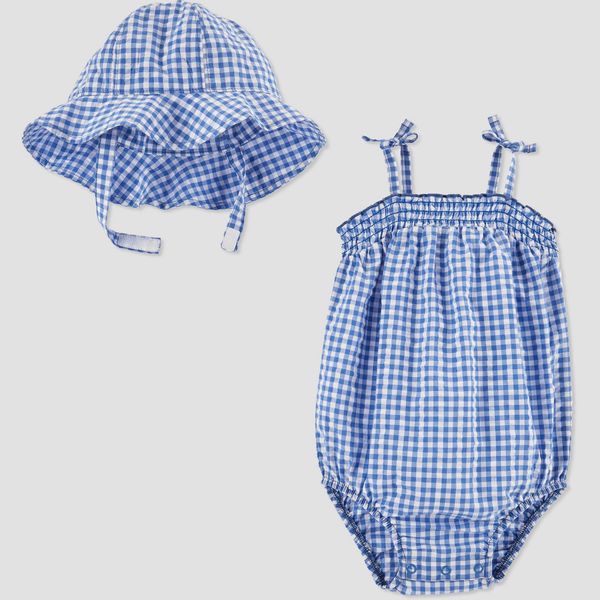 Carter's Blue Baby Gingham Bubble Romper With Hat