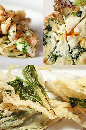 The chef's own ramp creations. Clockwise from top left: shrimp scampi; pizza with ramps; ramp tempura