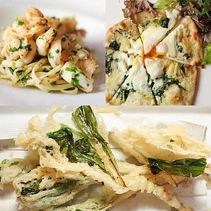 The chef's own ramp creations. Clockwise from top left: shrimp scampi; pizza with ramps; ramp tempura