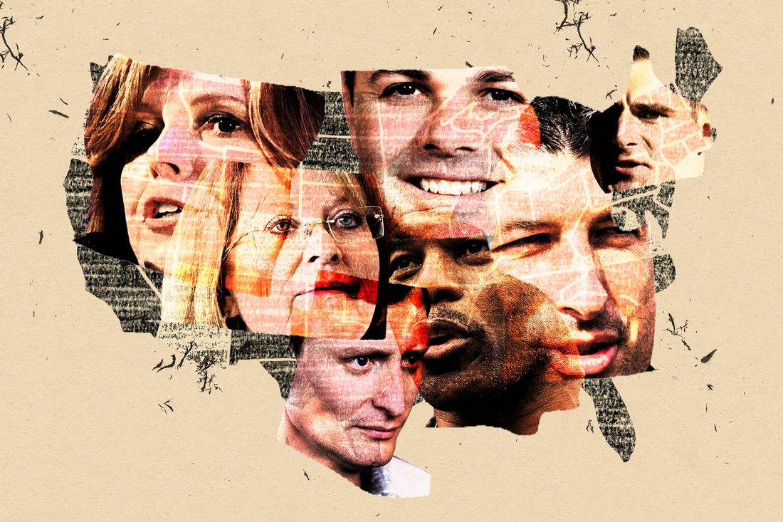 The faces of several Republican candidates including Herschel Walker and Blake Masters are collaged over a map of the United States.