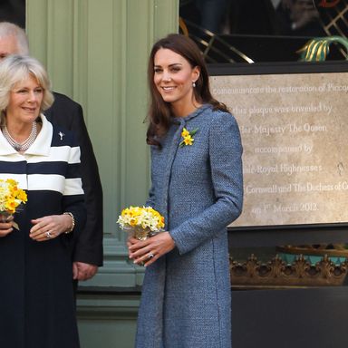 Queen Elizabeth II, Camilla, Duchess Of Cornwall and Catherine, Duchess Of Cambridge visit Fortnum and Mason store on Piccadilly. The Royal Trio smiled as they walked out the shop to loud cheers from the large crowd that gathered outside the shop. Catherine Middleton wore a blue coat by Italian label Missoni and shoes by Rupert Sanderson. Catherine Middleton The Duchess Of Cambridge also sported two daffodils on her lapel in honour of St Davids day. The Queen Elizabeth II also unveiled a plaque to commemorate the regeneration of Piccadilly outside the Fortnum & Mason Store.Pictured: Camila The Duchess Of Cornwall and Catherine The Duchess Of CambridgeRef: SPL364067  010312  Picture by: WeirPhotos / Splash NewsSplash News and PicturesLos Angeles:310-821-2666New York:212-619-2666London:870-934-2666photodesk@splashnews.com