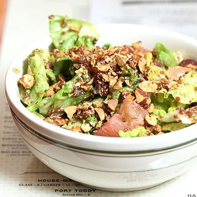 Gem Lettuce Salad With Quinoa, Kuala Mata Olives, Pomelos, Roasted Almonds, and an Apricot Vinaigrette