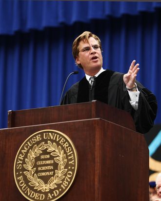 SYRACUSE, NY - MAY 13: Aaron Sorkin, screenwriter, producer and playwright, gestures during his address at the 2012 Syracuse University Commencement at Syracuse University on May 13, 2012 at the Carrier Dome in Syracuse, New York. (Photo by Nate Shron/Getty Images)
