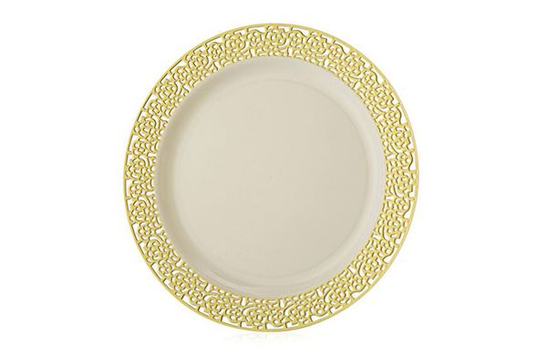 Elite Selection Pack of 50 Dinner Disposable Plastic Plates Ivory Color With Gold Lace Rim