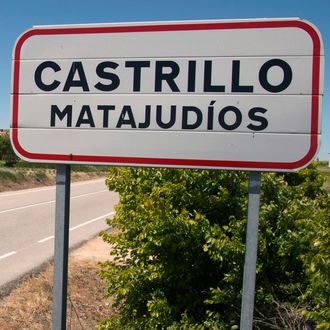 A sign with the name of the village of Castrillo Matajudios (Kill Jews Fort) is seen near its entrance in northern Spain