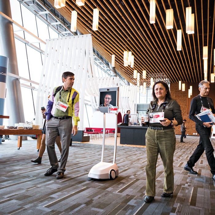 Edward Snowden mingles with attendees via remote video conference robot at TED2014 - The Next Chapter, Session 2 - Retrospective, March 17-21, 2014, Vancouver Convention Center, Vancouver, Canada. Photo: Bret Hartman / TED