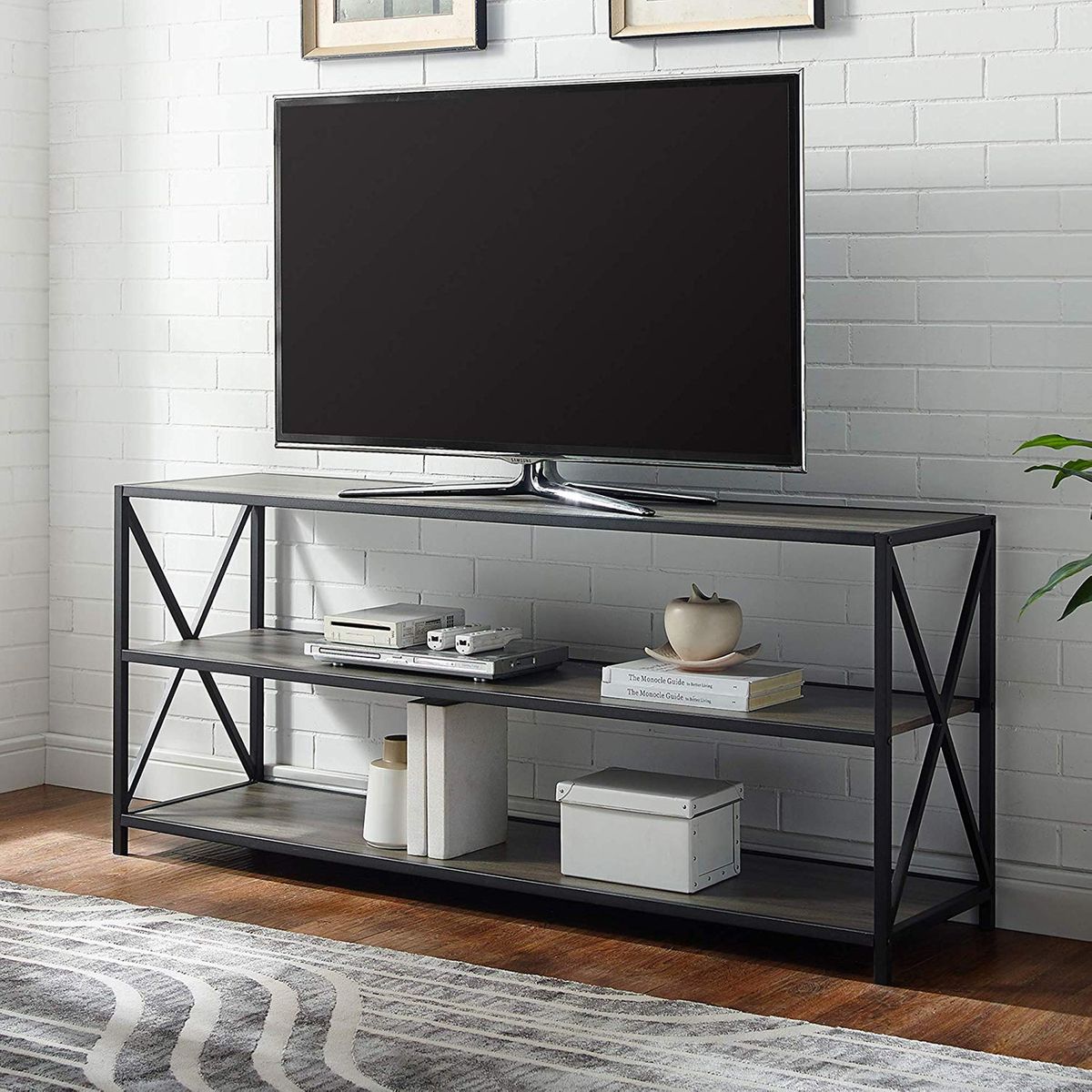 POWERSTONE TV Stand for TVs up to 55 Inch Entertainment Center with 4 Storage Open Shelves Modern TV Console Table Wooden TV Table for Living Room and Bedroom 