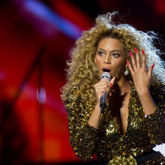 Beyonce performs live on the pyramid stage during the Glastonbury Festival at Worthy Farm, Pilton on June 26, 2011 in Glastonbury, England. 