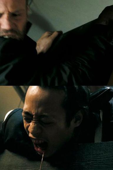 Statham presses on your head until it goes through the bars on a broken door. (War)