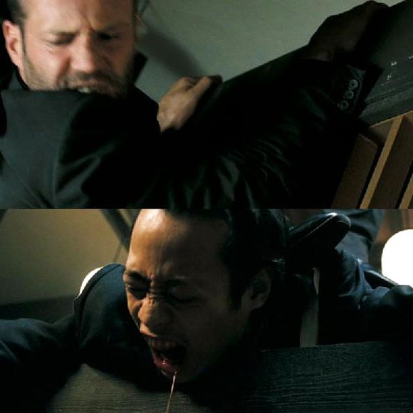 Statham presses on your head until it goes through the bars on a broken door. (War)
