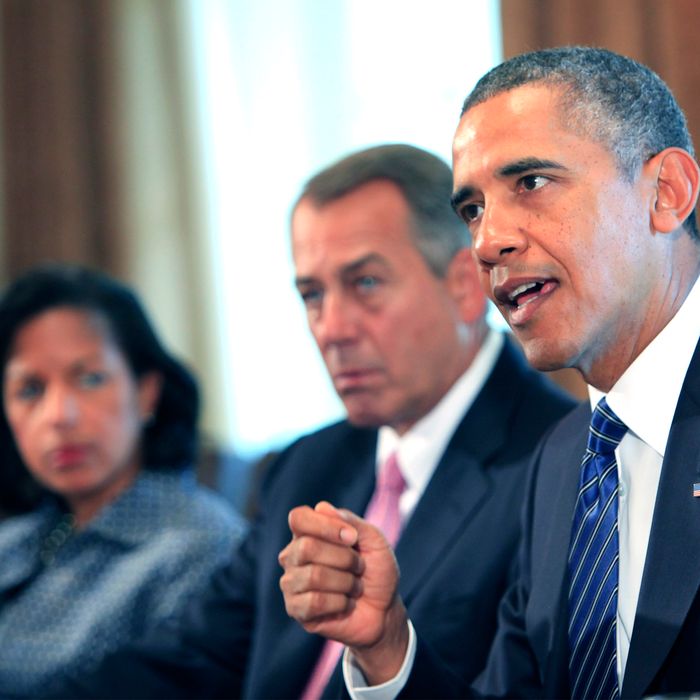 WASHINGTON, DC - SEPTEMBER 3: (AFP OUT) U.S. President Barack Obama (R) meets with members of Congress in the cabinet room of the White House on September 3, 2013 in Washington, DC. Obama is urging Congress to authorize military action against Syria, and says he is willing to work with lawmakers on the wording of a specific resolution. (Photo by Dennis Brack-Pool/Getty Images)