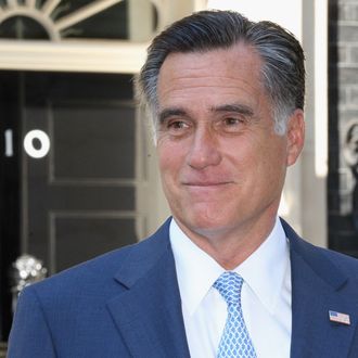 Mitt Romney, the Republican nominee for the USA presidential election, leaves 10 Downing Street after meeting with British Prime Minister David Cameron on July 26, 2012 in London, England. Mr Romney is meeting various leaders, past and present, on his visit to the UK, including Tony Blair, Ed Miliband and Nick Clegg. 