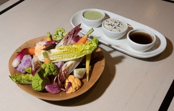 Market crudité with green goddess, smoked vinegar, and sesame ranch.