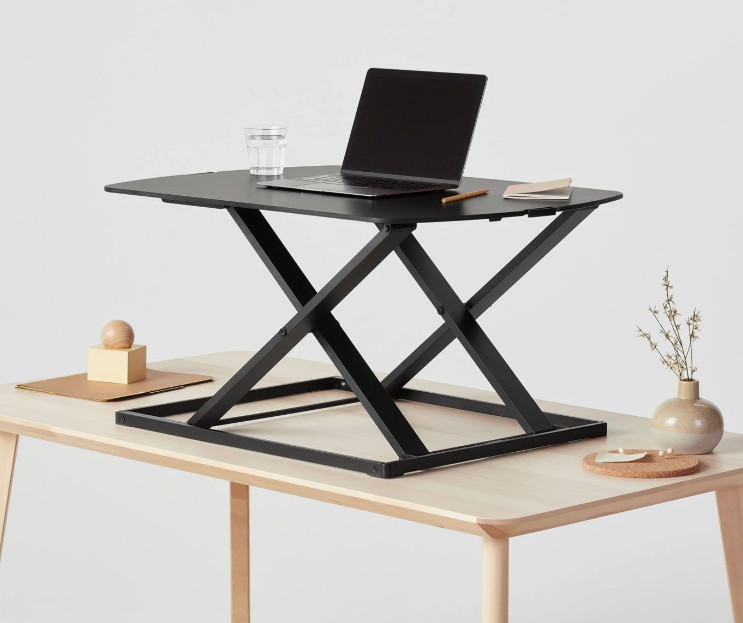 Ultra Slim Adjustable Standing Desk Black Sit to Stand Elevating Desk Top Converter by Mindful Design 
