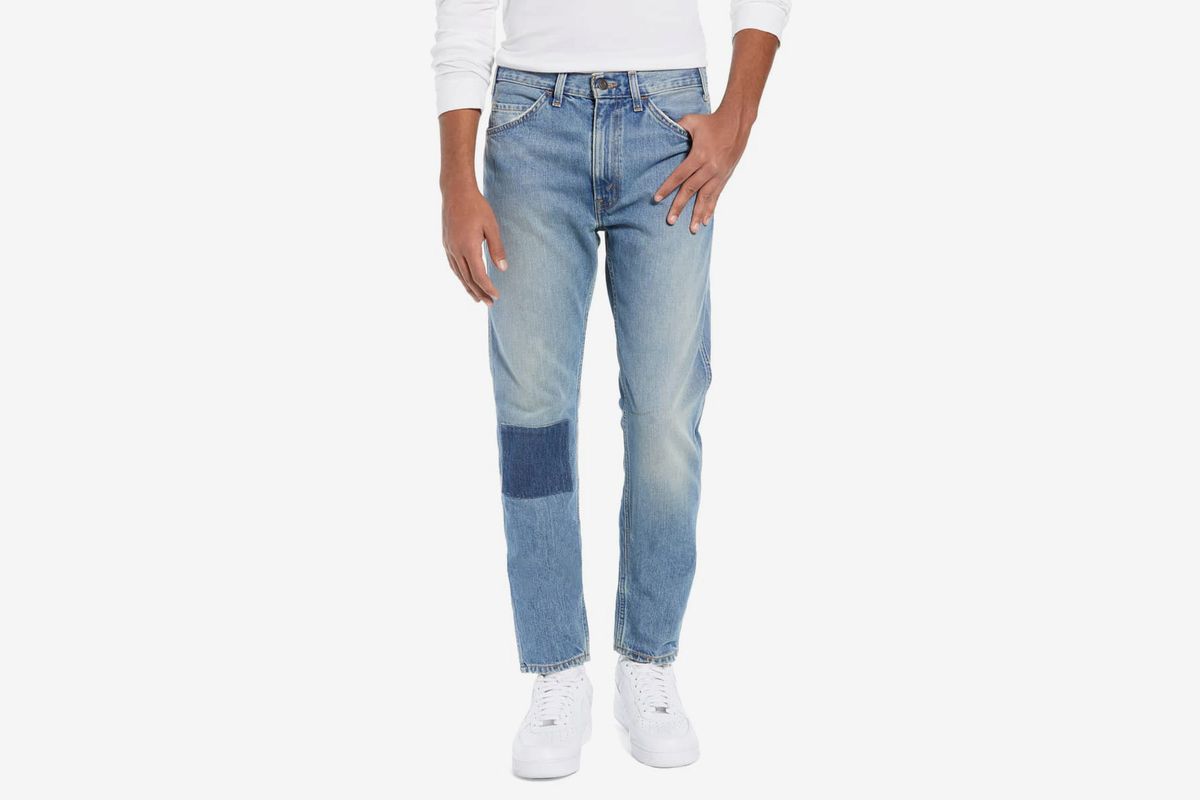 Men Jeans Trousers Vintage Blue Work Straight Leg Denim Pants High Waisted