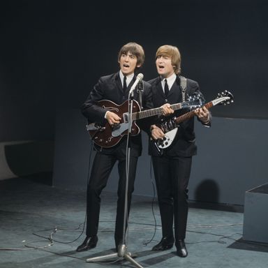 John Lennon and George Harrison performing on Shindig! at Granville Studios.