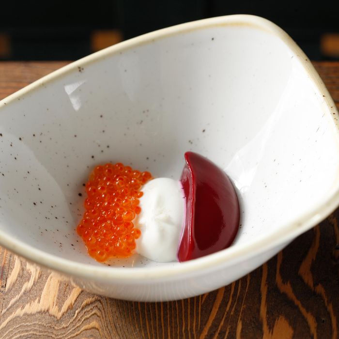 Borscht with raw cream and trout roe.