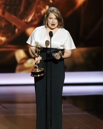 LOS ANGELES, CA - SEPTEMBER 22: Winner for Best Supporting Actress in a Comedy Series Merritt Wever speaks onstage during the 65th Annual Primetime Emmy Awards held at Nokia Theatre L.A. Live on September 22, 2013 in Los Angeles, California. (Photo by Michael Tran/FilmMagic)