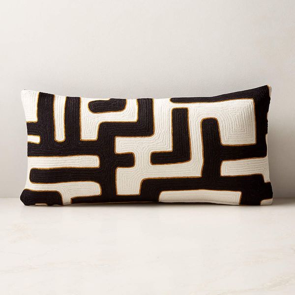 CB2 Vitali Embroidered Black and White Lumbar Pillow with Down-Alternative Insert 23''x11''