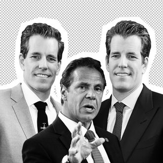 Winklevoss #1, Andrew Cuomo, Winklevoss #2.