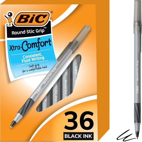 BIC Round Stic Grip Xtra Comfort Ballpoint Pen - Black, 36 Count