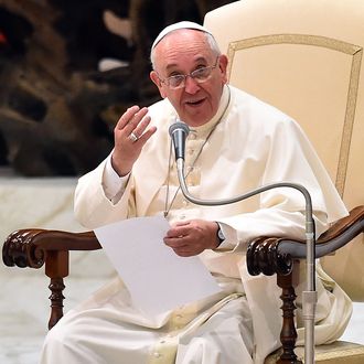 Pope Francis speaks during his general audience in the Paul VI hall at the Vatican on August 20, 2014. AFP PHOTO / GABRIEL BOUYS (Photo credit should read GABRIEL BOUYS/AFP/Getty Images)