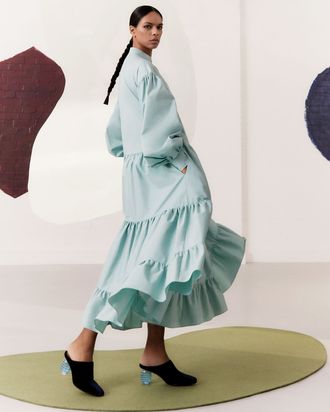 Blue Puff-sleeve pleated crepe dress, Roksanda