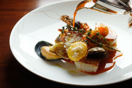 Cornish fish stew, creamed garlic potatoes, spiced mayonnaise, fennel.