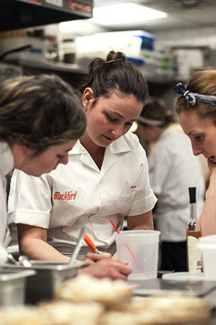Dana Cree (Blackbird, center) sketches out her dish for Anna Shovers (the Publican) and Christina Tosi (Momofuku Milk Bar).