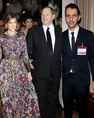 Former Halston-ers Sarah Jessica Parker, Harvey Weinstein, and Marios Schwab.