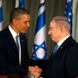 JERUSALEM , ISRAEL- MARCH 20: (ISRAEL OUT) U.S. President Barack Obama (L) greets Israeli Prime Minister Benjamin Netanyahu during a press conference on March 20, 2013 in Jerusalem, Israel. This is Obama's first visit as President to the region, and his itinerary will include meetings with the Palestinian and Israeli leaders as well as a visit to the Church of the Nativity in Bethlehem. (Photo by Lior Mizrahi/Getty Images)