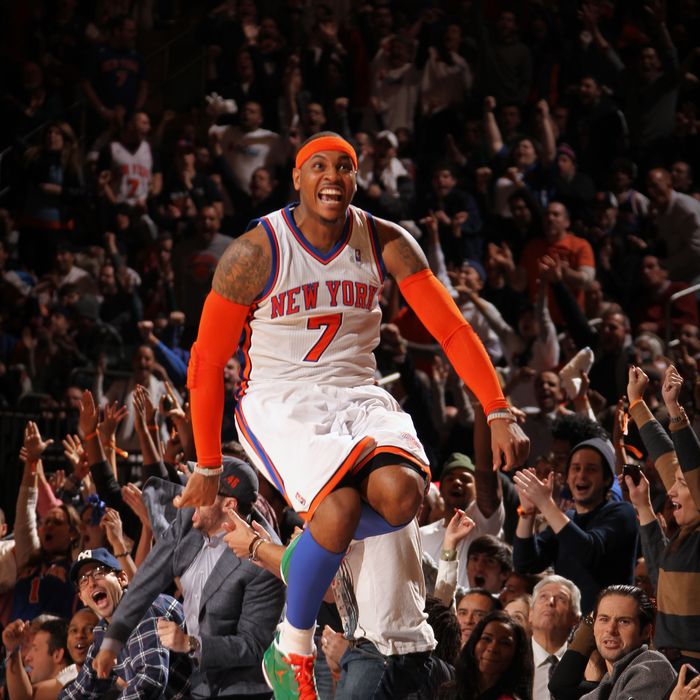 Carmelo Anthony# of the New York Knicks celebrates against the Boston Celtics. 
