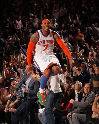 Carmelo Anthony# of the New York Knicks celebrates against the Boston Celtics. 