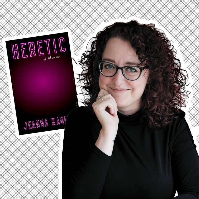A photo illustration combines an author photo of a woman with black-rimmed glasses and dark, medium-length curly hair with the dark cover art for her memoir. 