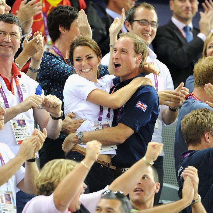 Catherine, Duchess of Cambridge and Prince William, Duke of Cambridge embrace after Philip Hindes, Jason Kenny and Sir Chris Hoy of Great Britain win the gold and a new world record in the Men's Team Sprint Track Cycling final during Day 6 of the London 2012 Olympic Games at Velodrome on August 2, 2012 in London, England.