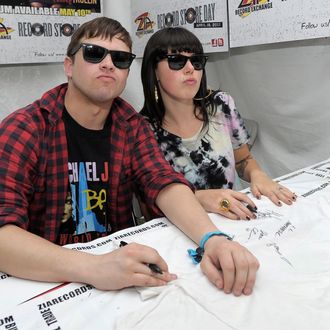 INDIO, CA - APRIL 16: Musicians Derek E. Miller and Alexis Krauss of Sleigh Bells sign autographs during Day 2 of the Coachella Valley Music & Arts Festival 2011 held at the Empire Polo Club on April 16, 2011 in Indio, California. (Photo by Charley Gallay/Getty Images) *** Local Caption *** Derek E. Miller;Alexis Krauss